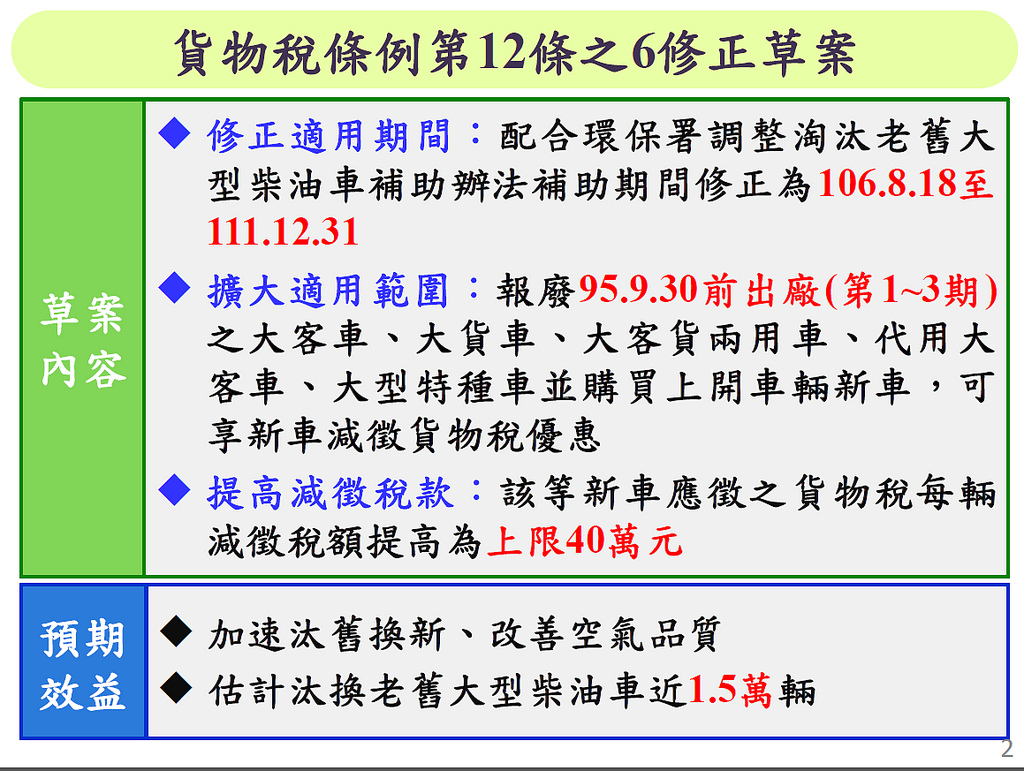 財政部提出貨物稅條例修正草案，擴大大型柴油車舊換新減徵優惠。來源：行政院簡報