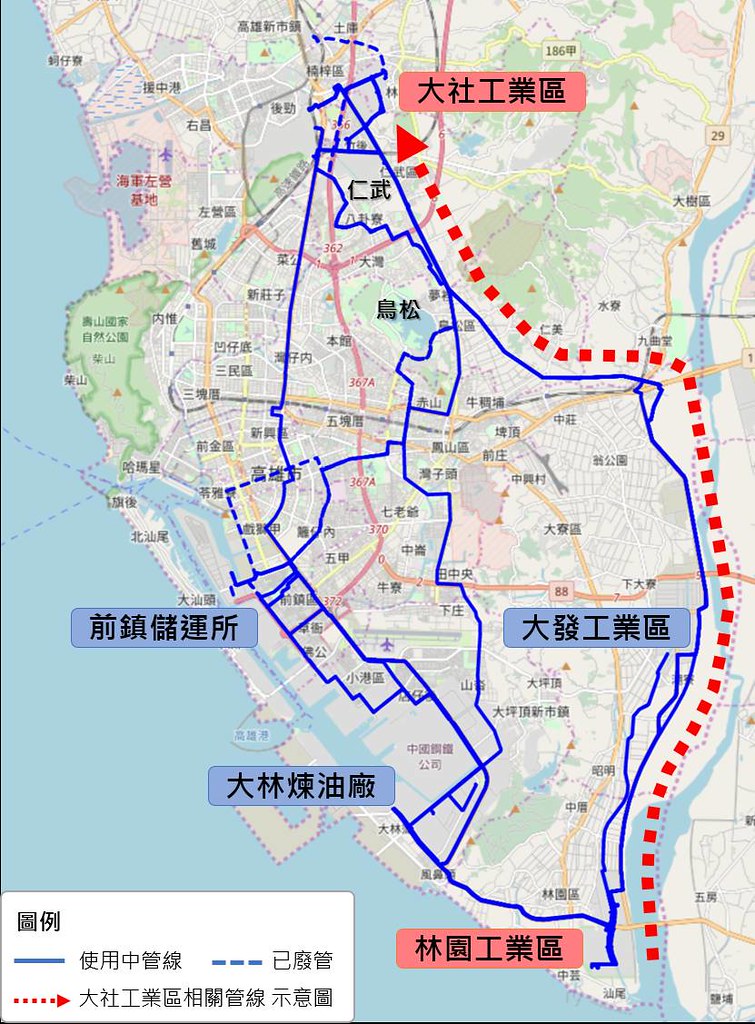 高雄石化管線分布圖，紅色管線直通大社工業區。（資料來源：高雄市經發局 地球公民基金會製圖）