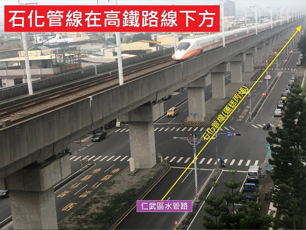 環團指出大社工業區石化管線就位在高鐵路線下方，石化管線不應穿越市區。圖片來源：大社環境守護聯盟